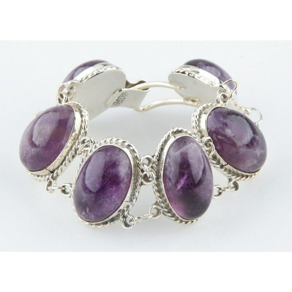 Vintage Cabochon Amethyst Mexico Sterling Silver Bracelet, Size 6.25